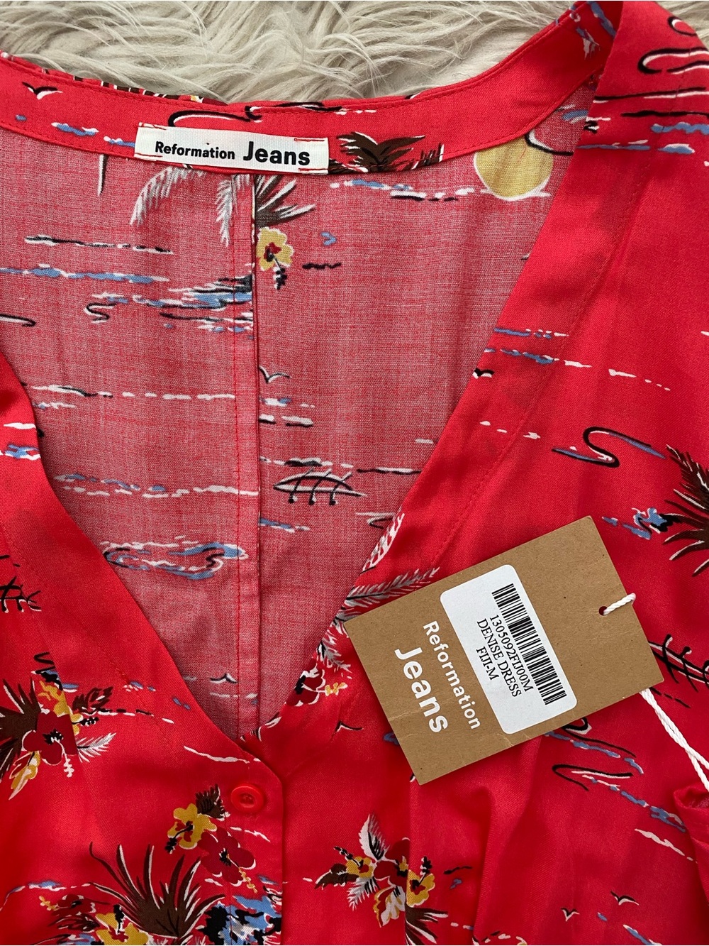 Reformation Denise Midi Dress Fuji Short Sleeve Red Tropical Hawaiian Retro M - Picture 9 of 11